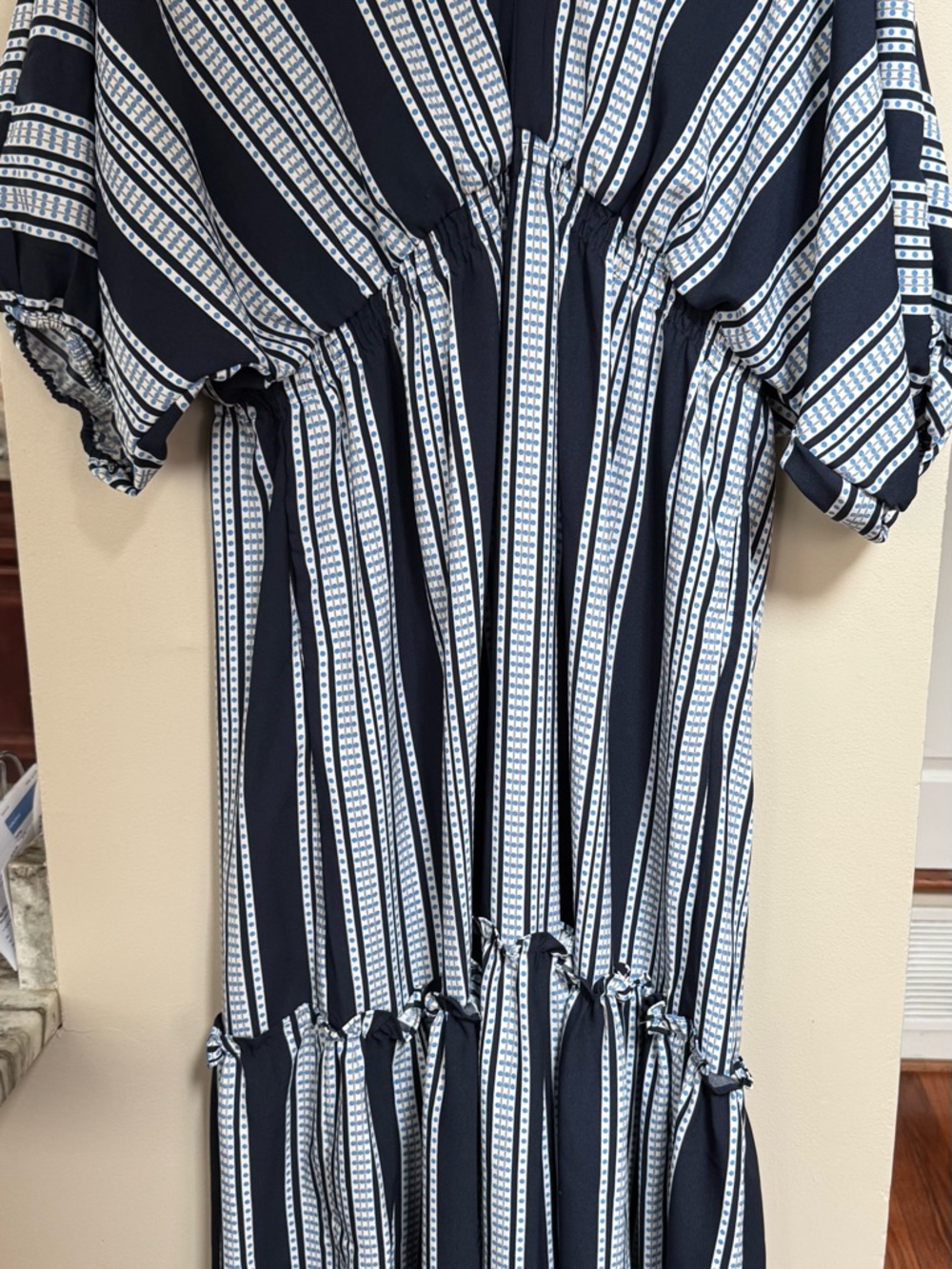 Taylor Navy and Light Blue Patterned V-Neck Dress